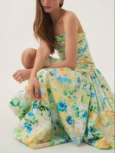 Elegant Tube Top Violette Printed Bubble Hem Maxi Dress